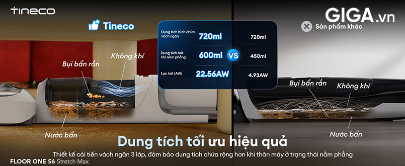 Tineco Floor One S6 Stretch Max tách bình nước bẩn thành ba khoang.