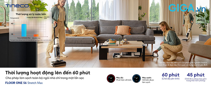 S6 Stretch Max được tối ưu hóa cho việc làm sạch các khu vực lớn với khả năng hoạt động liên tục lên đến 60 phút.