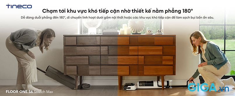 Máy hút bụi lau sàn Tineco Floor One S6 Stretch Max cho phép máy nằm phẳng 180°.