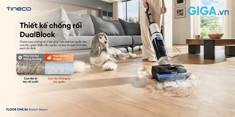Hệ thống chống rối hai lớp DualBlock cho phép Tineco S6 Stretch Steam xử lý hiệu quả các loại sợi dài trên sàn mà vẫn hạn chế tối đa tình trạng quấn vào chổi lăn.