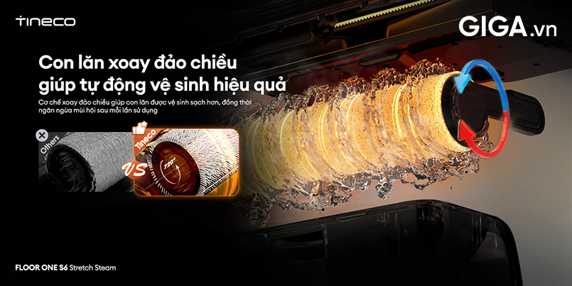 Chổi lăn của Tineco S6 Stretch Steam sở hữu khả năng xoay hai chiều linh hoạt