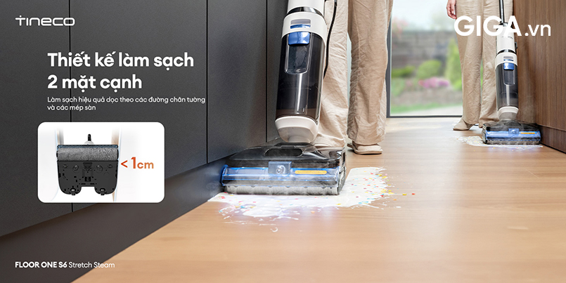 FLOOR ONE S6 Stretch Steam có thiết kế 2 cạnh làm sạch, làm sạch triệt để mọi góc khuất và chân tường