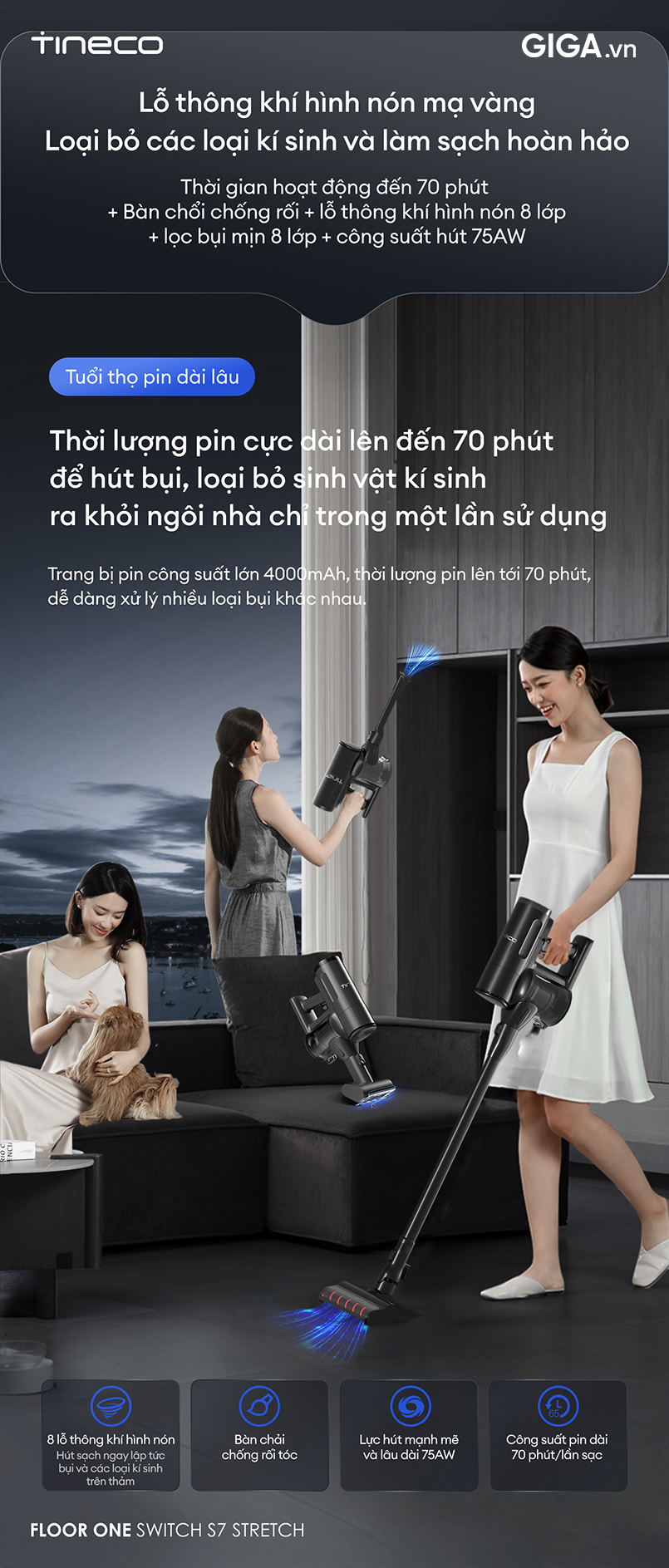 Máy hút bụi Tineo Floor One Switch S7 Stretch loại bỏ các loại kí sinh và làm sạch hoàn hảo.