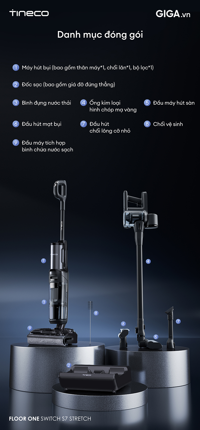 Danh mục đóng gói máy lau sàn Tineco Floor One Switch S7 Stretch.