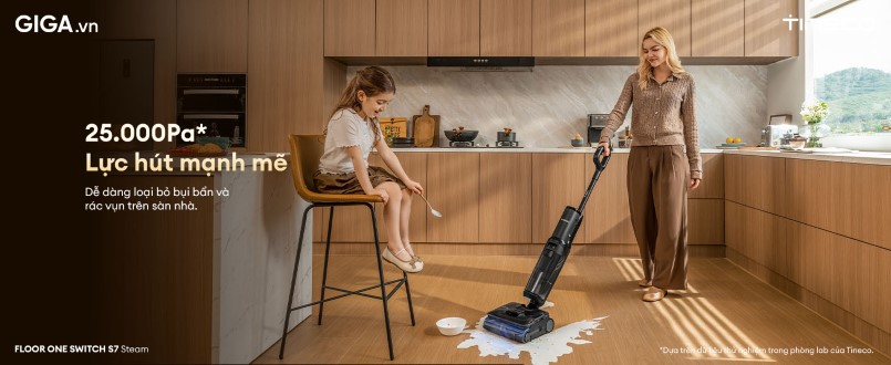 máy hút bụi thông minh Tineco Floor One Switch S7 Steam sở hữu lực hút cực đại đến 25.000Pa