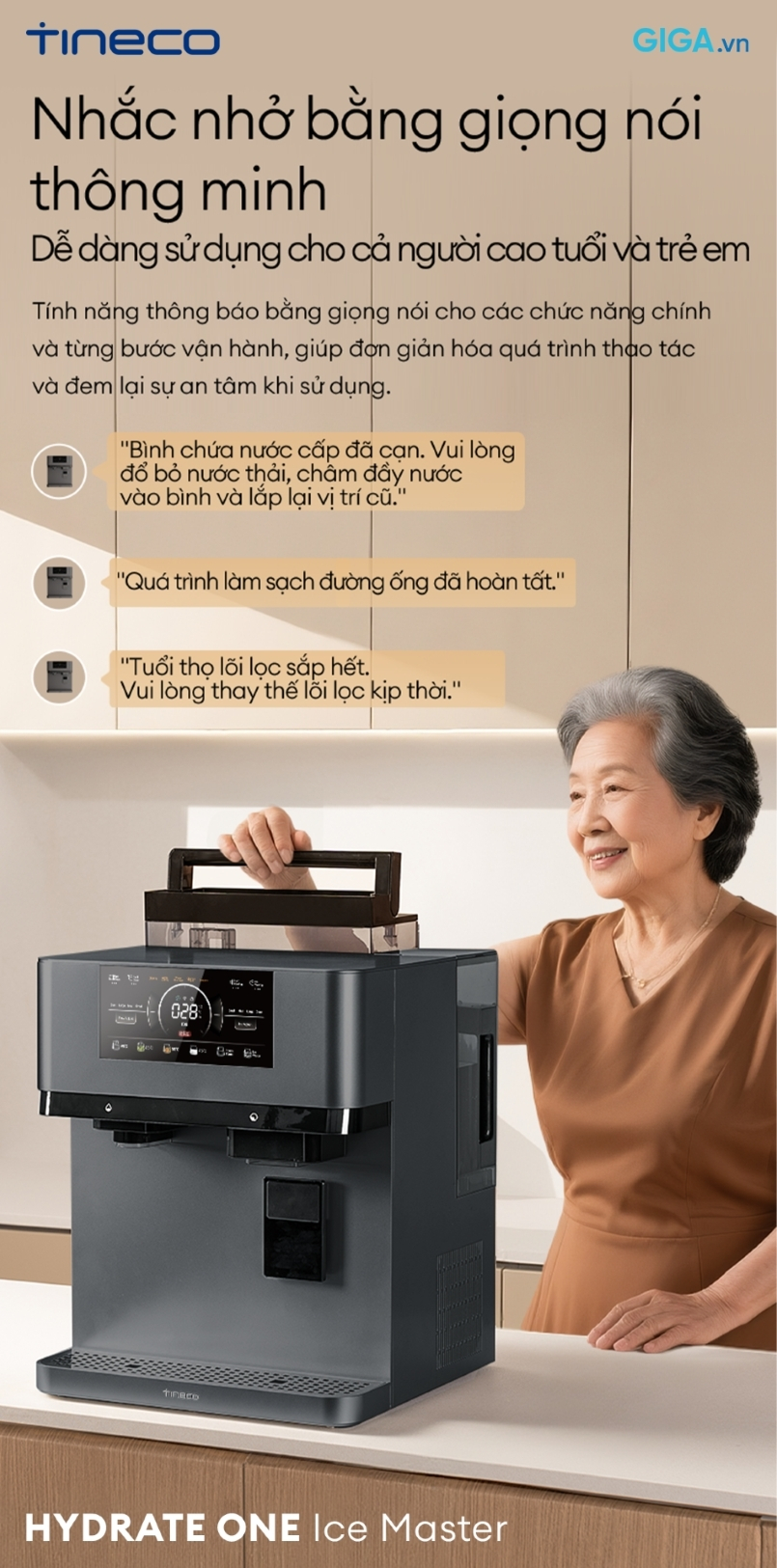máy lọc nước WP33A10EVN hệ thống nhắc nhở bằng giọng nói thông minh, thân thiện cho cả gia đình