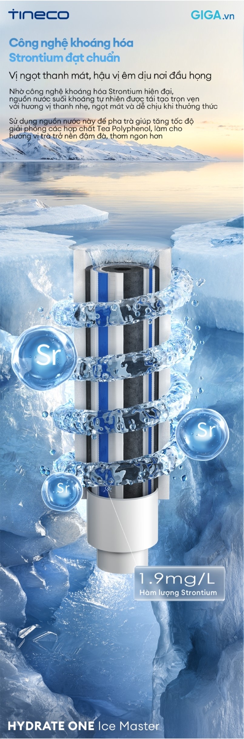 máy lọc nước Tineco HYDRATE ONE Ice Master ứng dụng công nghệ khoáng hóa Strontium hiện đại
