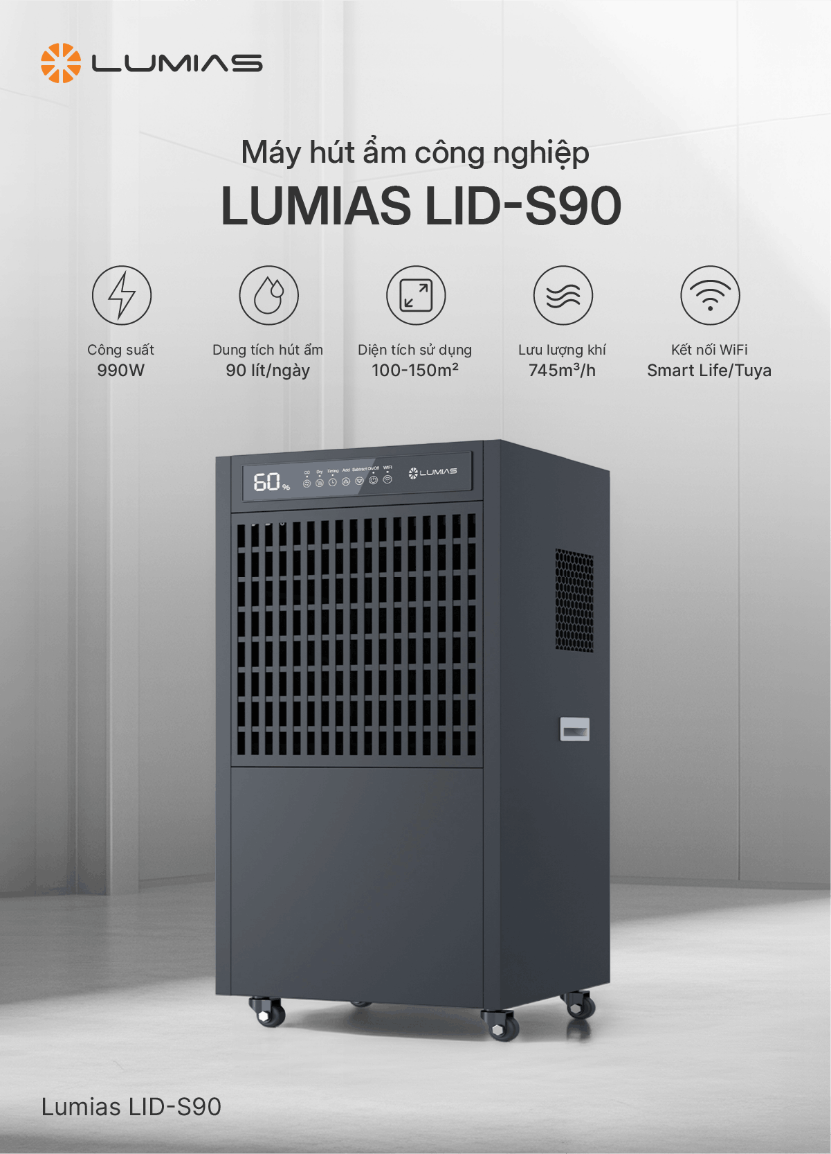 Máy hút ẩm công nghiệp 90L Lumias LID-S90 hút ẩm mạnh mẽ 