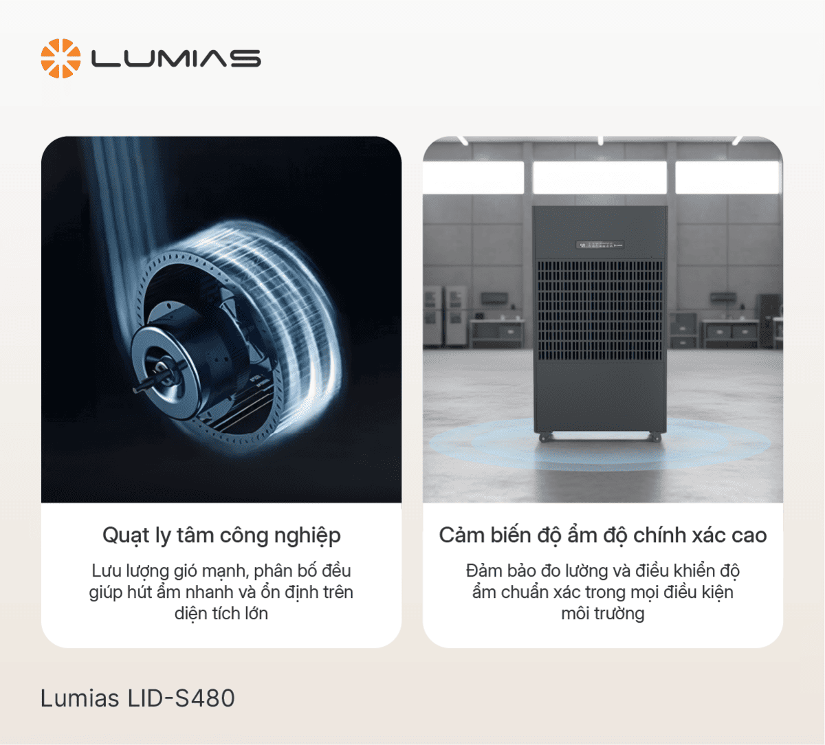 Máy hút ẩm công nghiệp 480L Lumias LID-S480 sở hữu quạt ly tâm công nghiệp